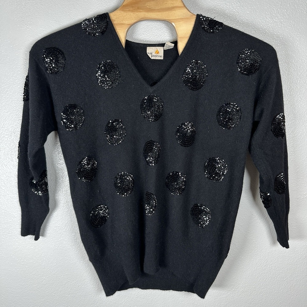 Liz Claiborne Vintage Lambswool Angora Sweater Sz Medium Black Polka Dot Sequins